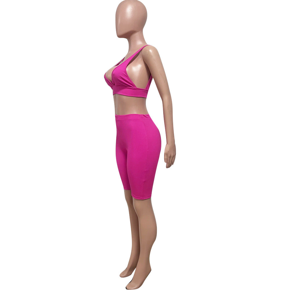 Summer fashionable beach holidays casual ribbed solid color two-piece shorts set 22