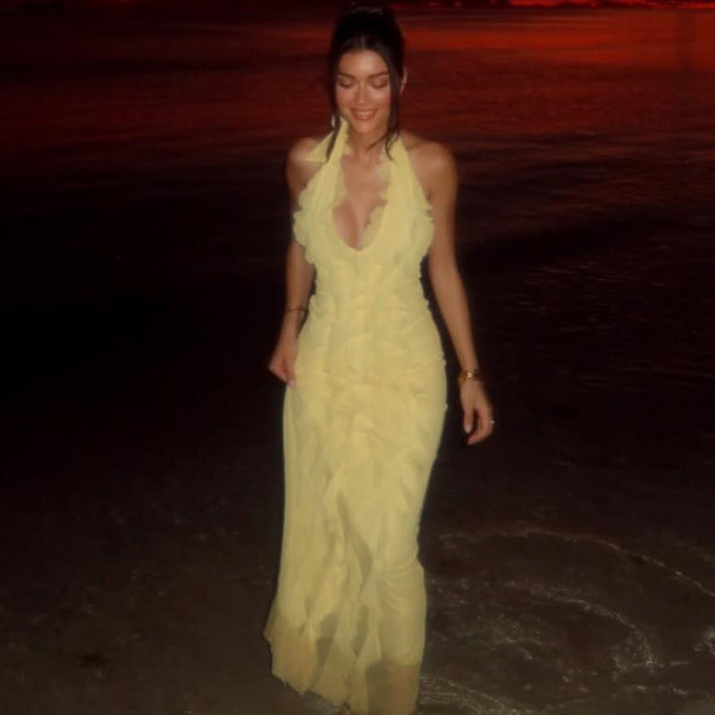 Summer Women's Fashion Sleeveless Low Back Ruffled Deep V-Neck Sexy Long Dress