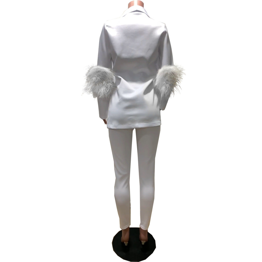 Fall Women Feather Blazer and Pant Two Piece 20
