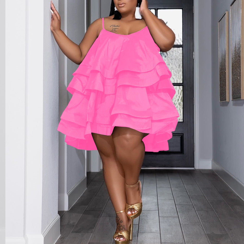 Plus Size Women Suspenders Cascading Ruffles Dress 6