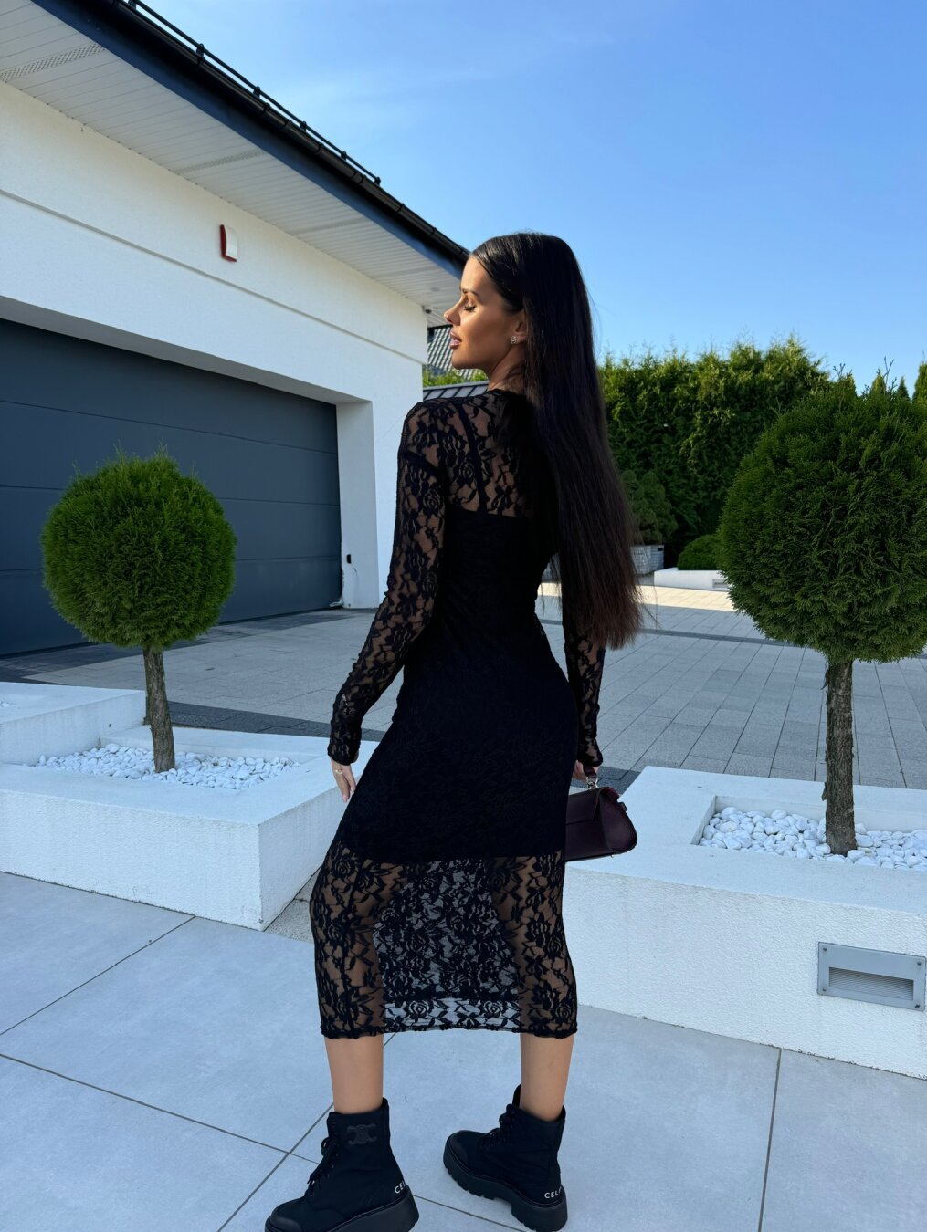 Women Round Neck hollow sexy See-Through Lace Bodycon dress 5