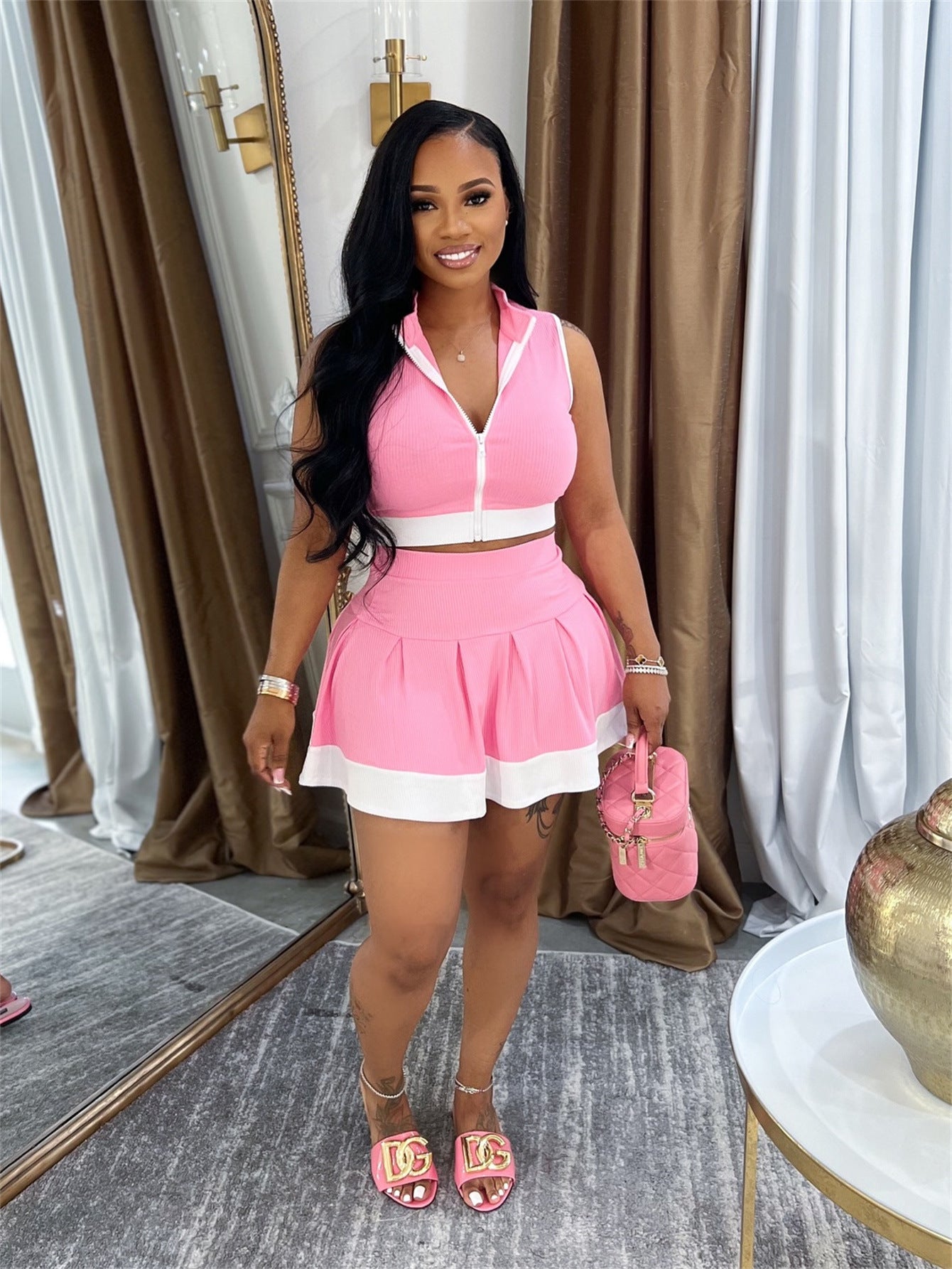 Solid Color Zipper Sleeveless Top Casual Short Skirt Two Piece Set for Women 4