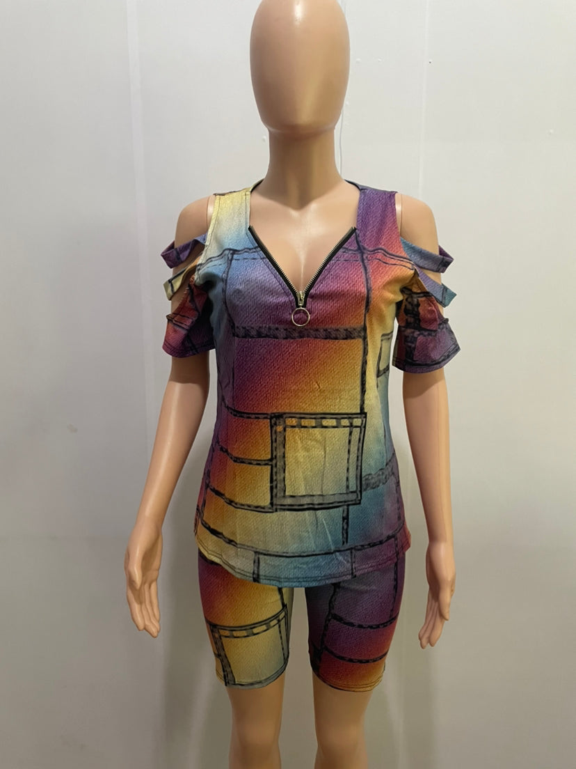 Women Contrasting Color Bandage Print Short Sleeve Top and Shorts Two-Piece Set 18