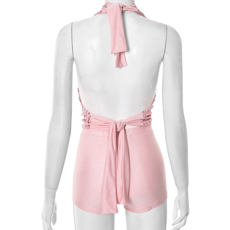 Women's Sequined Draped Halter Neck Lace-Up Top & Tight Fitting Shorts Two-Piece Set 8