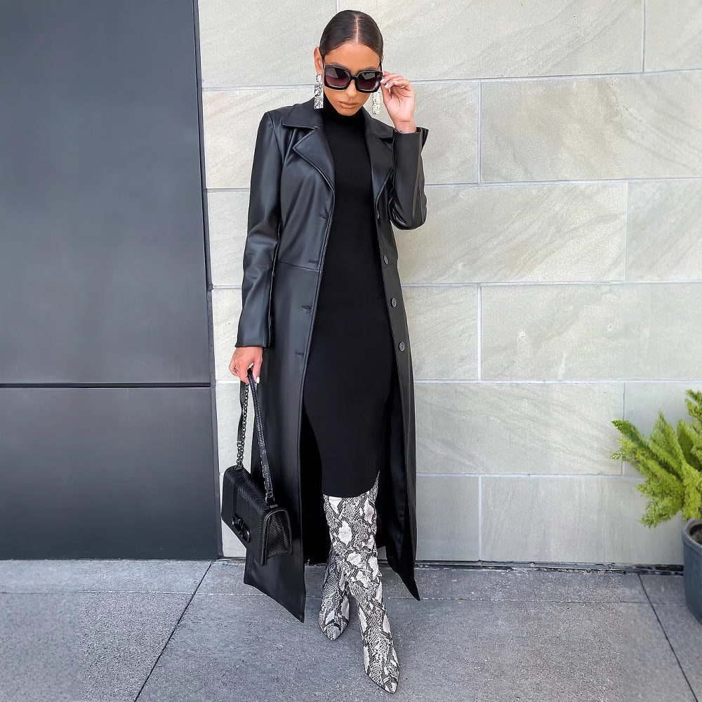 Women Fall/Winter Turndown Collar Button Pu-Leather Jacket