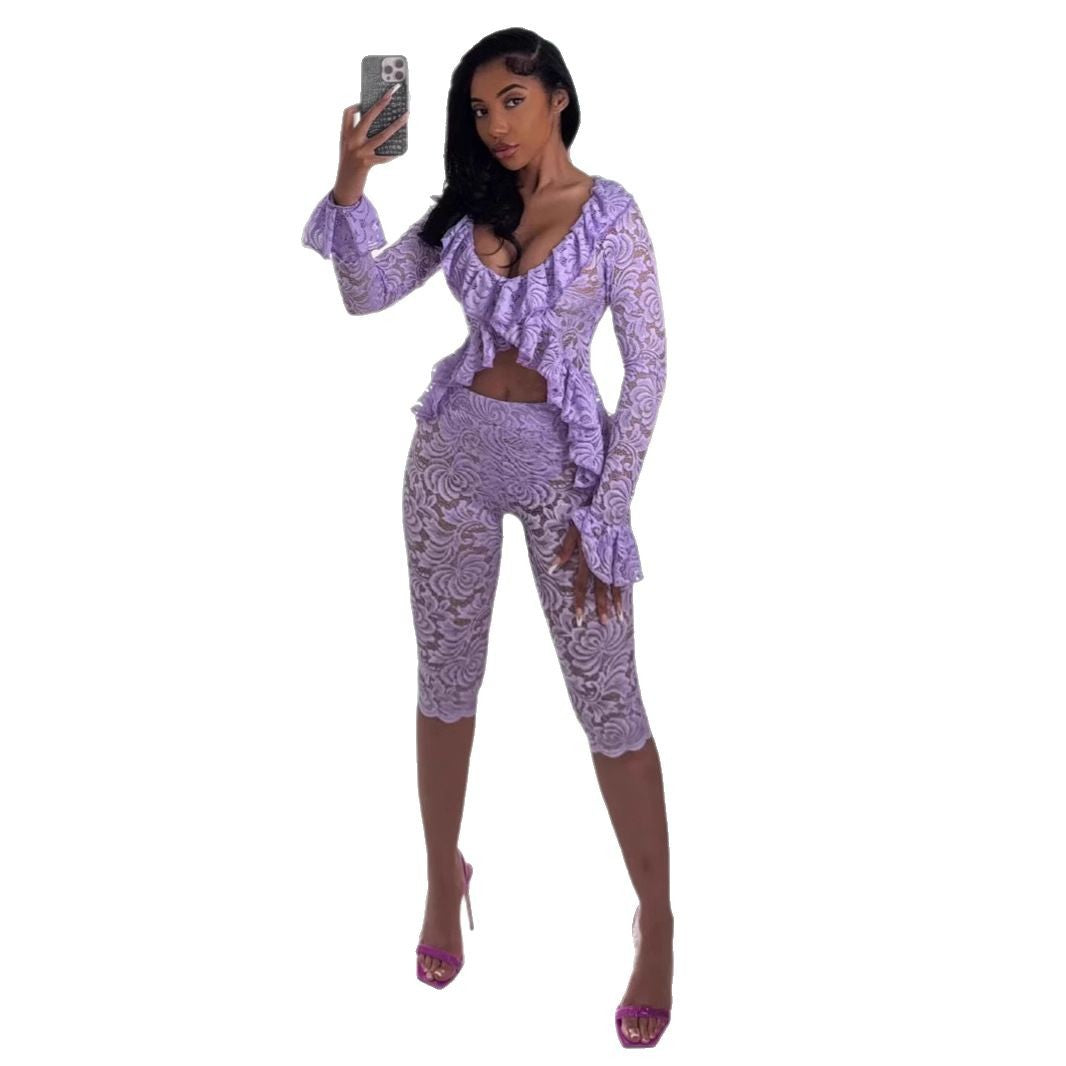 Spring Women's Sexy Solid Color Hollow Lace Two-Piece Shorts Set 9