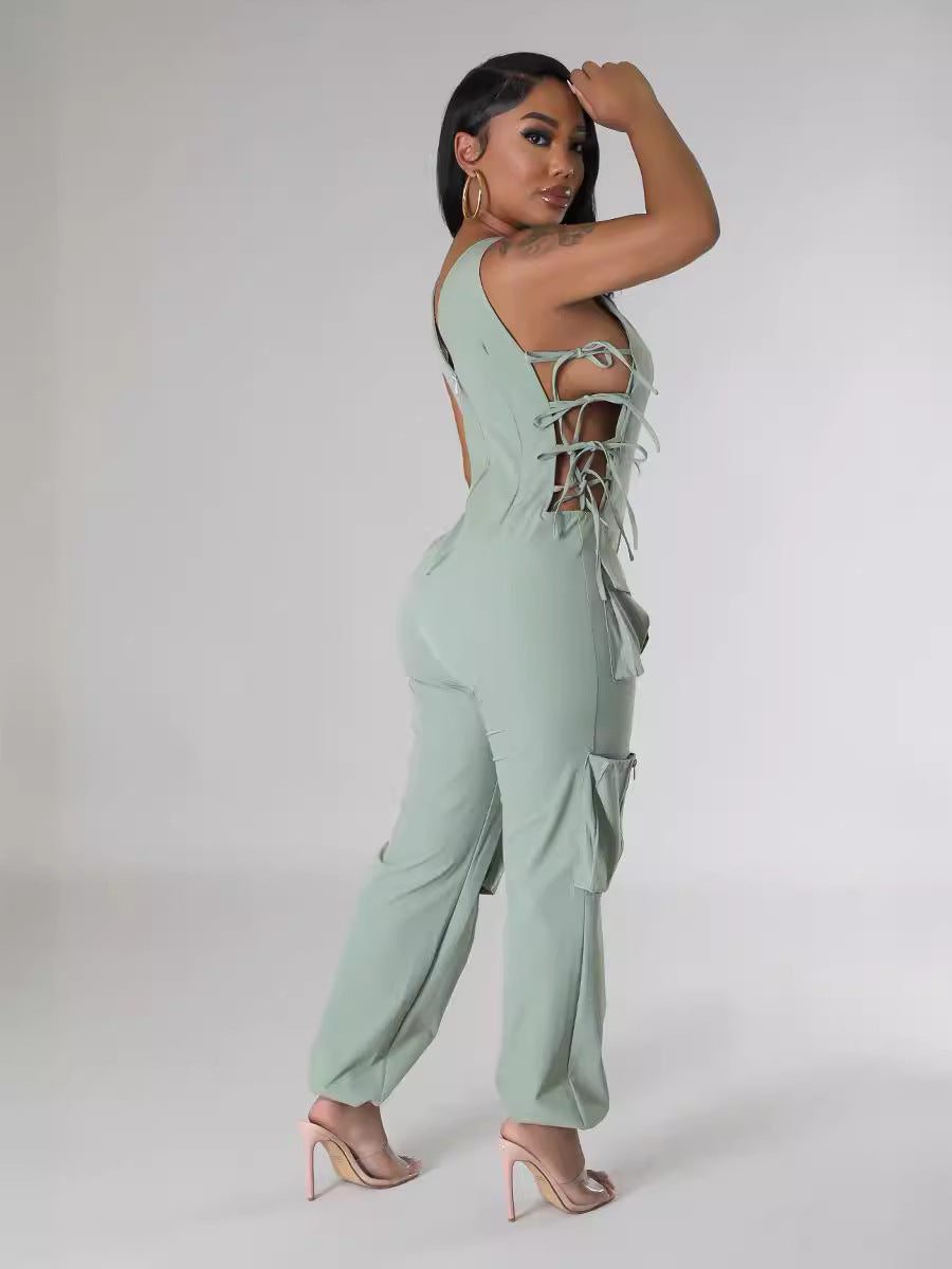Women v-neck Lace-Up Cargo Jumpsuit 7
