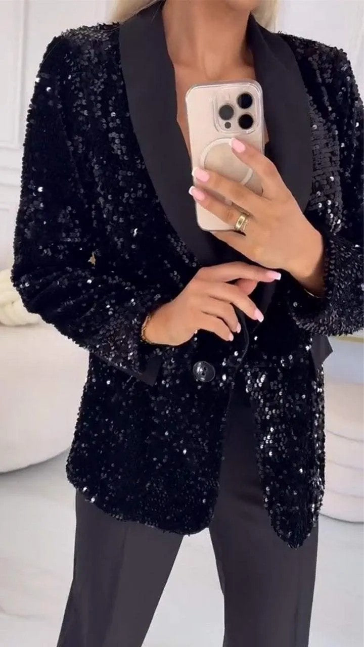 Women autumn and winter Casual sequin Turndown Collar Blazer jacket