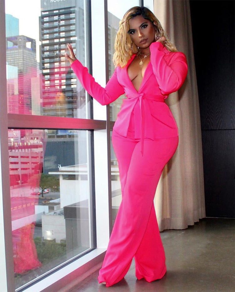 Women's Casual Professional Solid Color Slim Waist Long Sleeve Blazer Pants Two-Piece Set with Belt 4