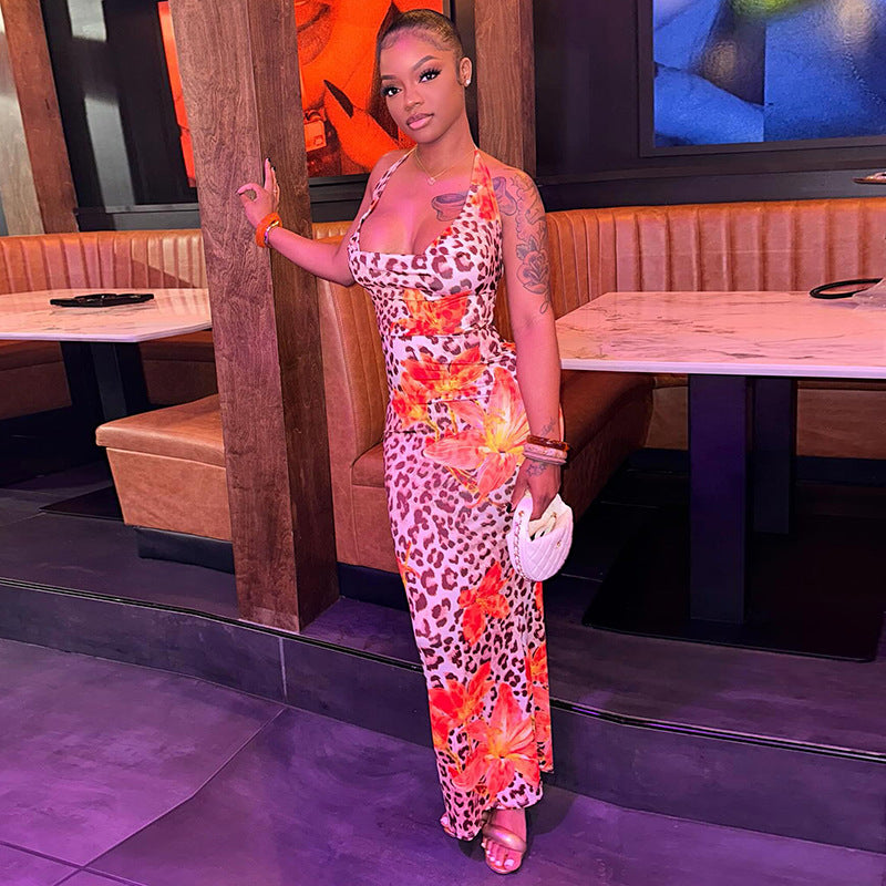 Women's Chic Flower Leopard Print V-neck Low Back Slim Long Dress 14