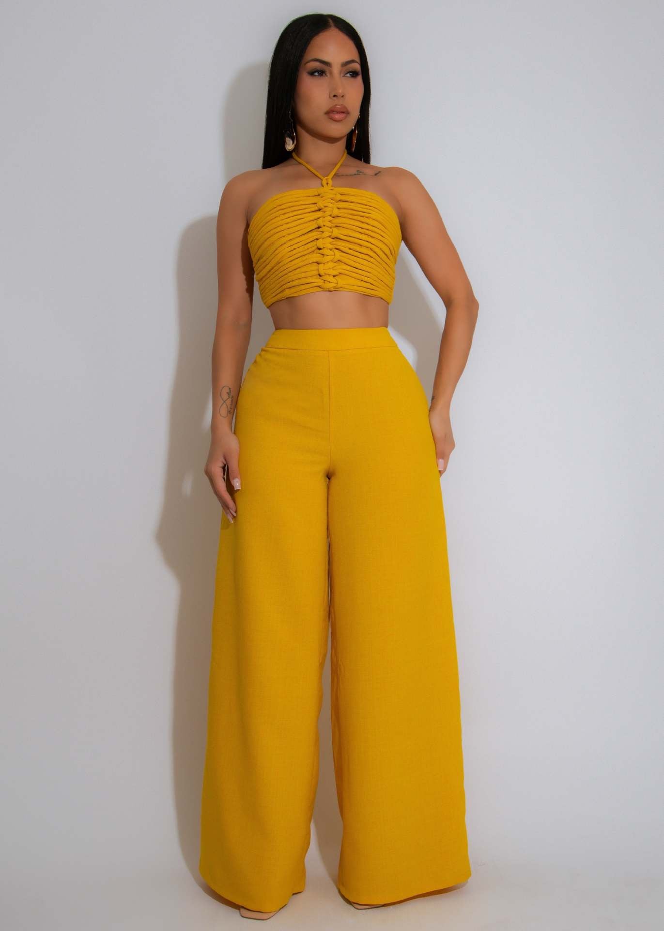 Halter Drawstring Top High-Waist Side-Zipper Loose Pants Two-Piece Set 5