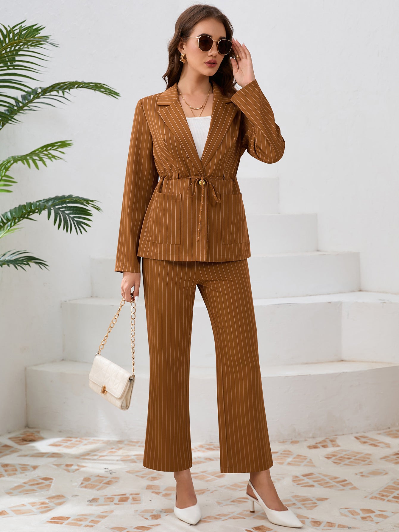 Casual Stripe Turndown Collar Strap Blazer Jacket Straight Pants suits Women's two-piece set 5