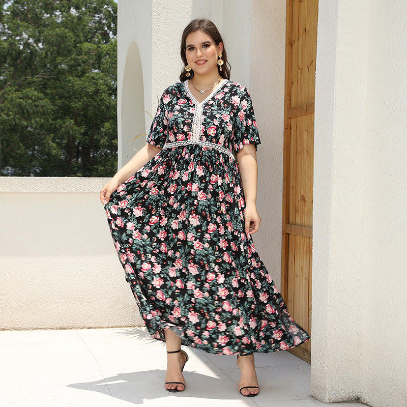Plus Size V-Neck Floral Printed Lace Patchwork Loose Long Dress Beach Holidays Dress 6