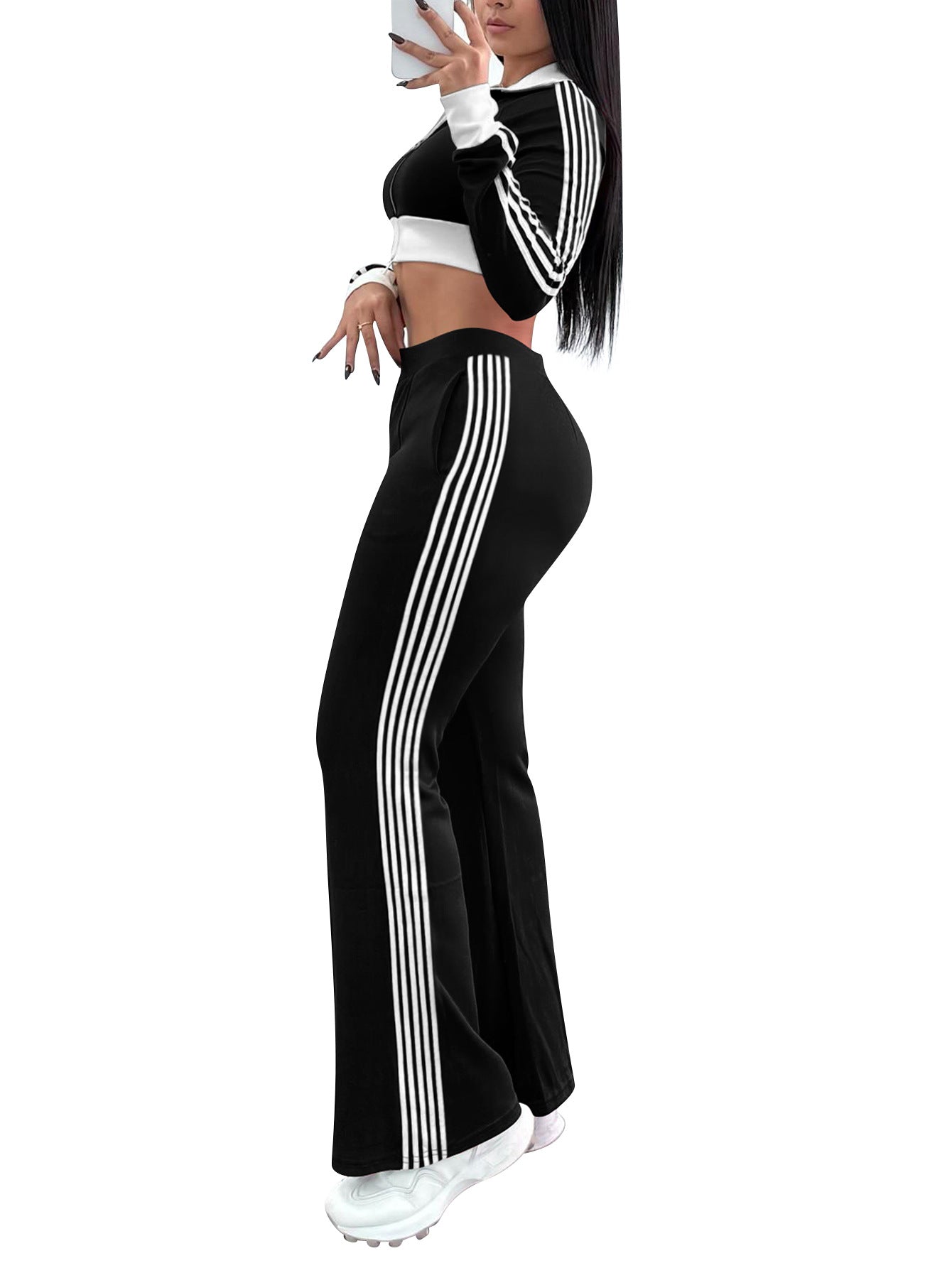 Women's Color-Blocked Casual Zip-Up Long Sleeve Top & Side-Stripe Sporty Pants Autumn/Winter Set 3