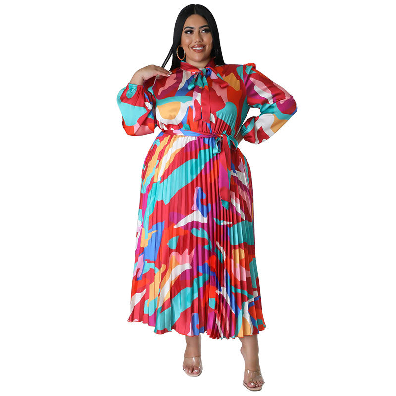 Plus Size Women Lace-Up Long Sleeve Printed Pleated Dress