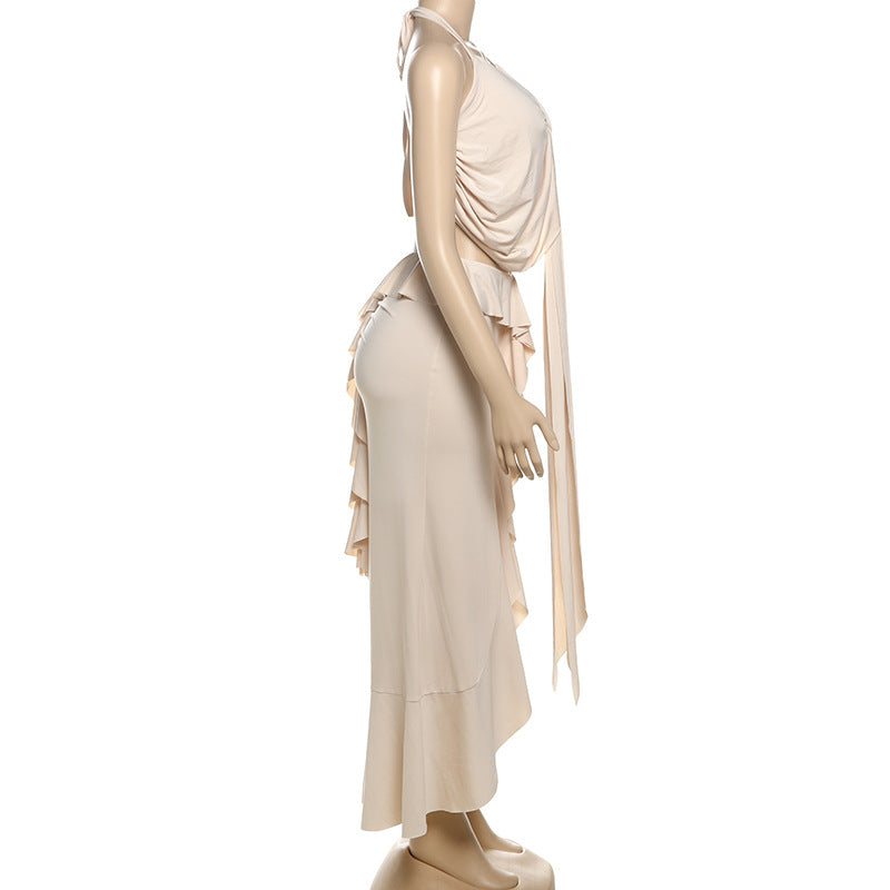 Women Summer Sexy Solid Halter Neck Lace-Up Tank Top and Split Skirt Two-piece Set 7