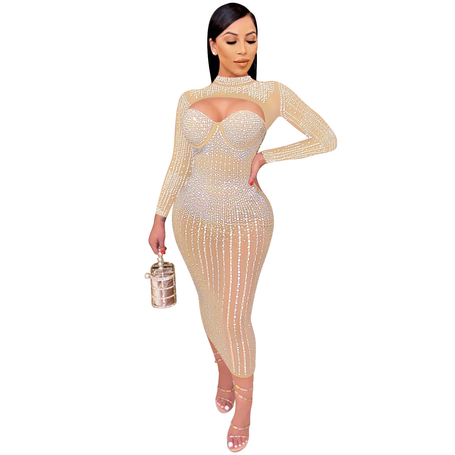 Women Mesh See-Through Beaded Strap Dress 15