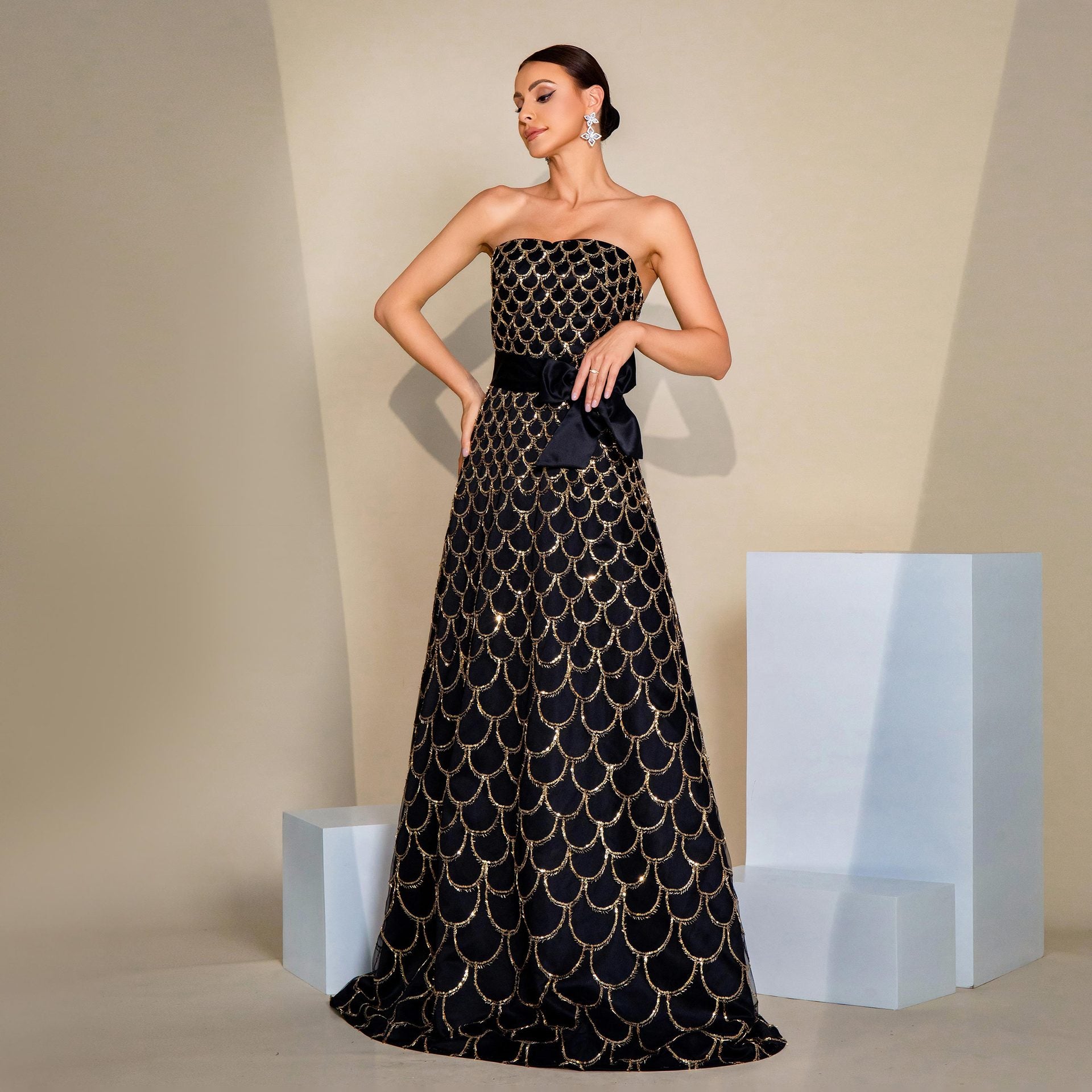 strapless Formal Party Slim Waist Sequin Evening Dress for Women 5