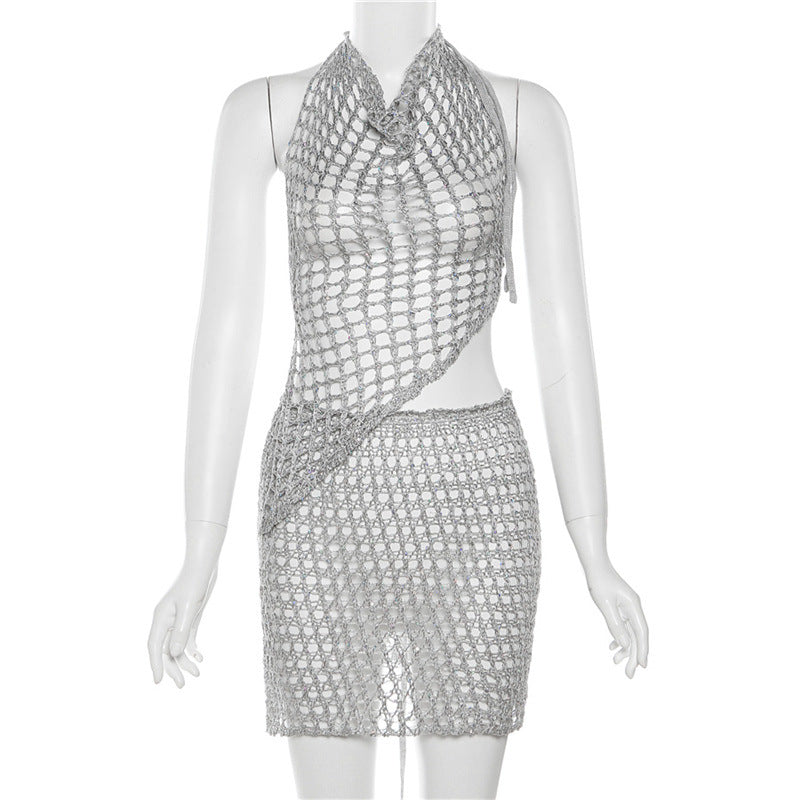 Summer Women Sexy Hollow Sequins Top and Bodycon Skirt Two-piece Set 13