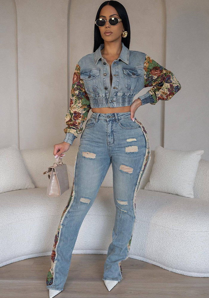 Women Fall Retro Patchwork Camouflage Print Top and Denim Pants Two Piece Set