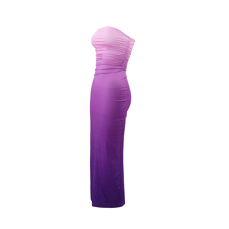 Women Summer Sexy Strapless Gradient Maxi Dress 11