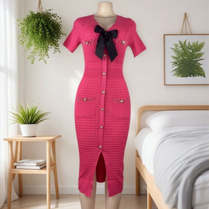 Summer Women's V-Neck Short Sleeve Slim Waist Chic Knitting Dress 4