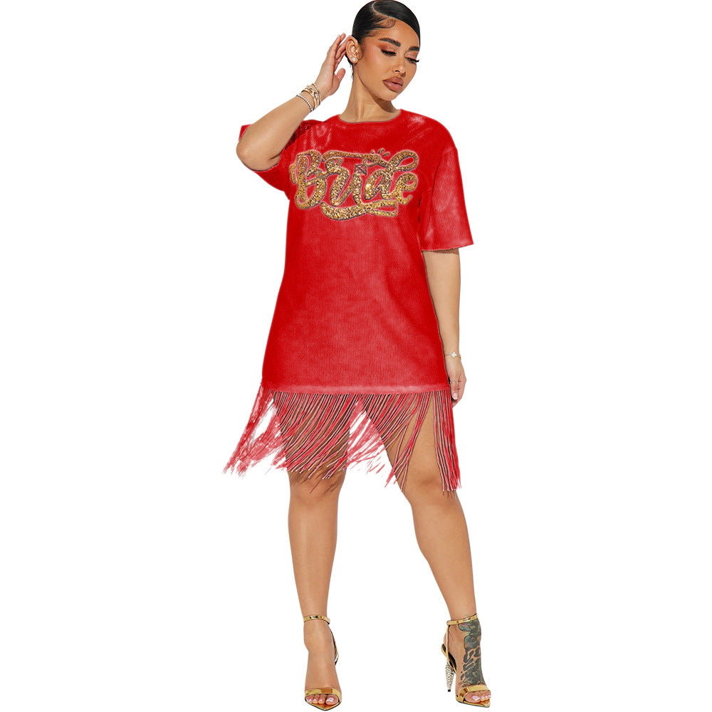 Women Fashion Round Neck Short Sleeve Sequin Tassel Casual Dress 6