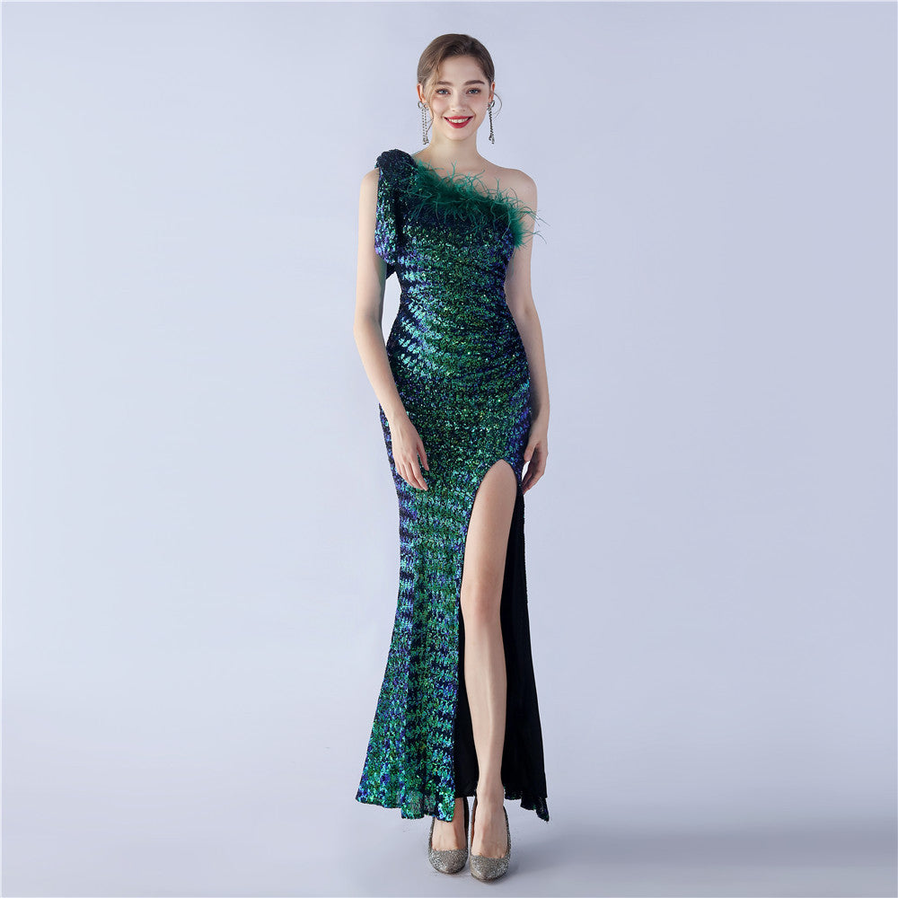 Elegant Feather High-End Sequined One-Shoulder Evening Dress 13