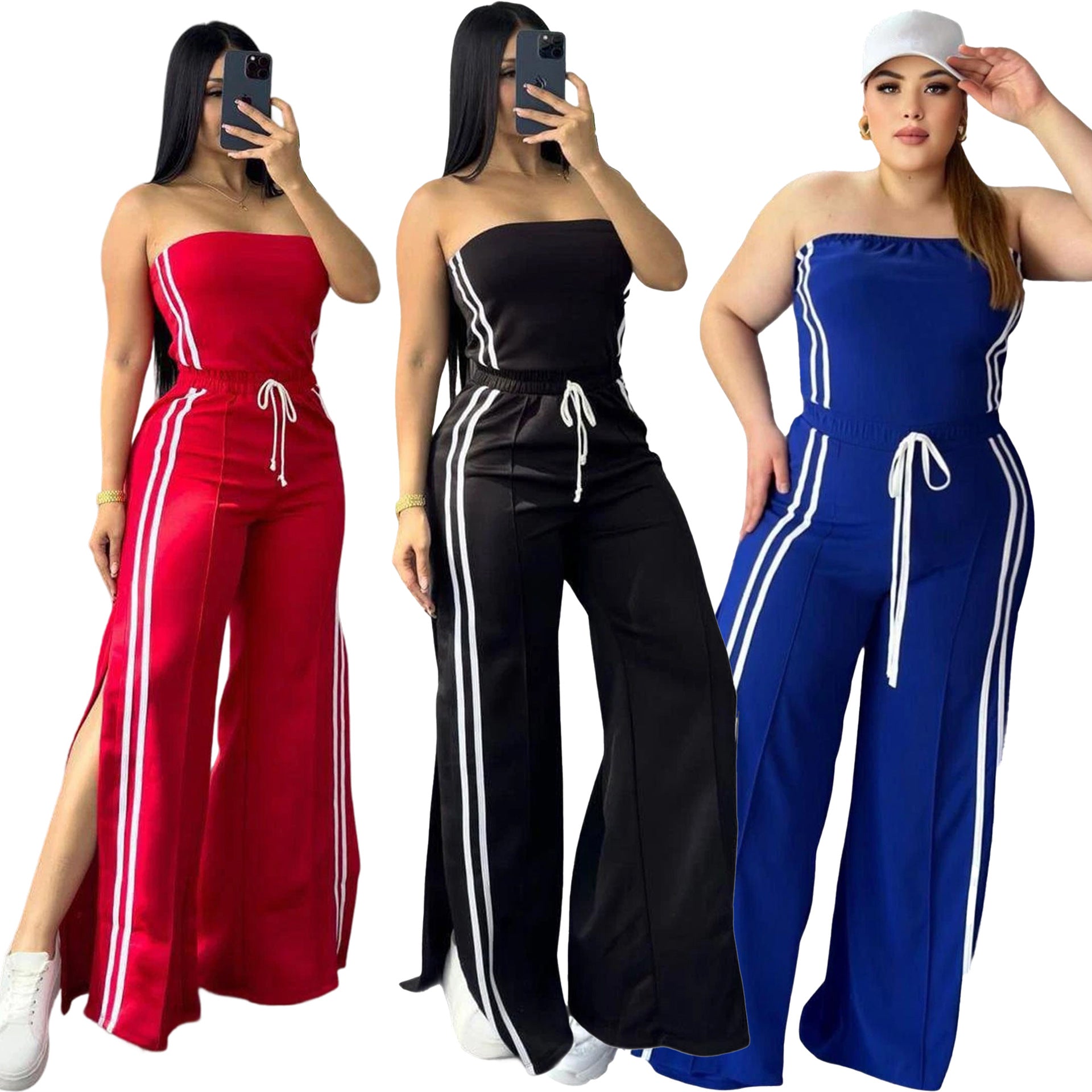 Fashion Women Strapless Tops Loose Pants Casual Two-piece Set 9