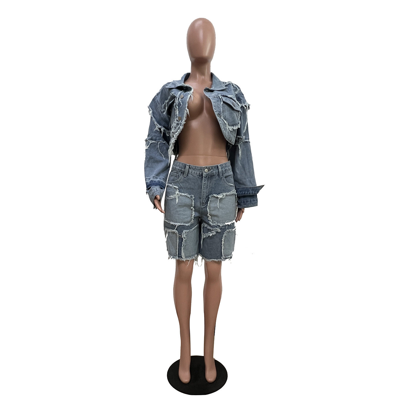 Washed Patchwork Denim Two Piece Shorts Set for Women 9