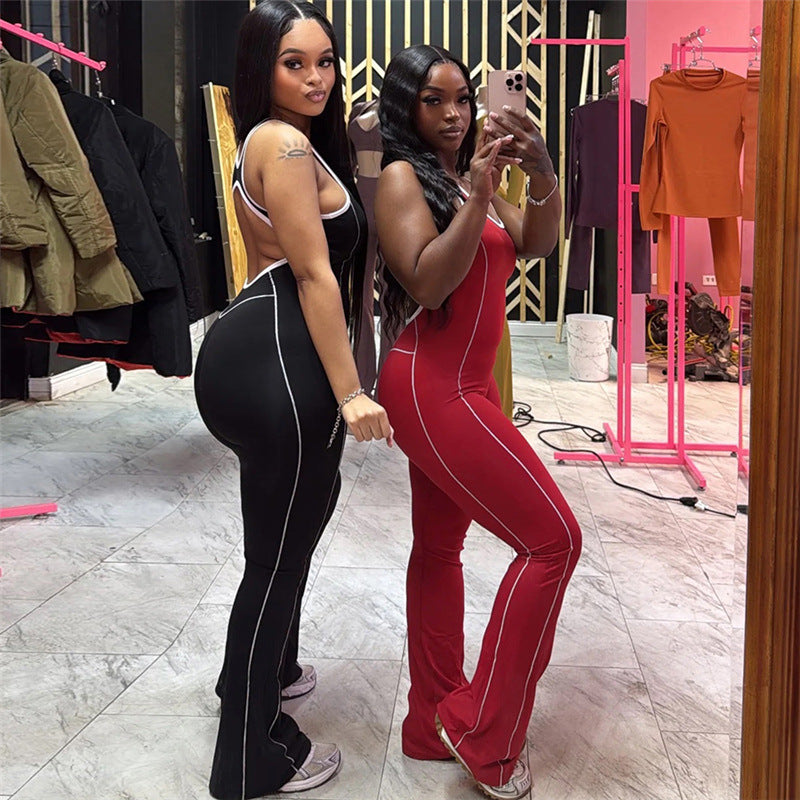 Summer Fashion Low Back Tight Fitting Contrast Color Slim Butt Lift Yoga Casual Jumpsuit for Women 6