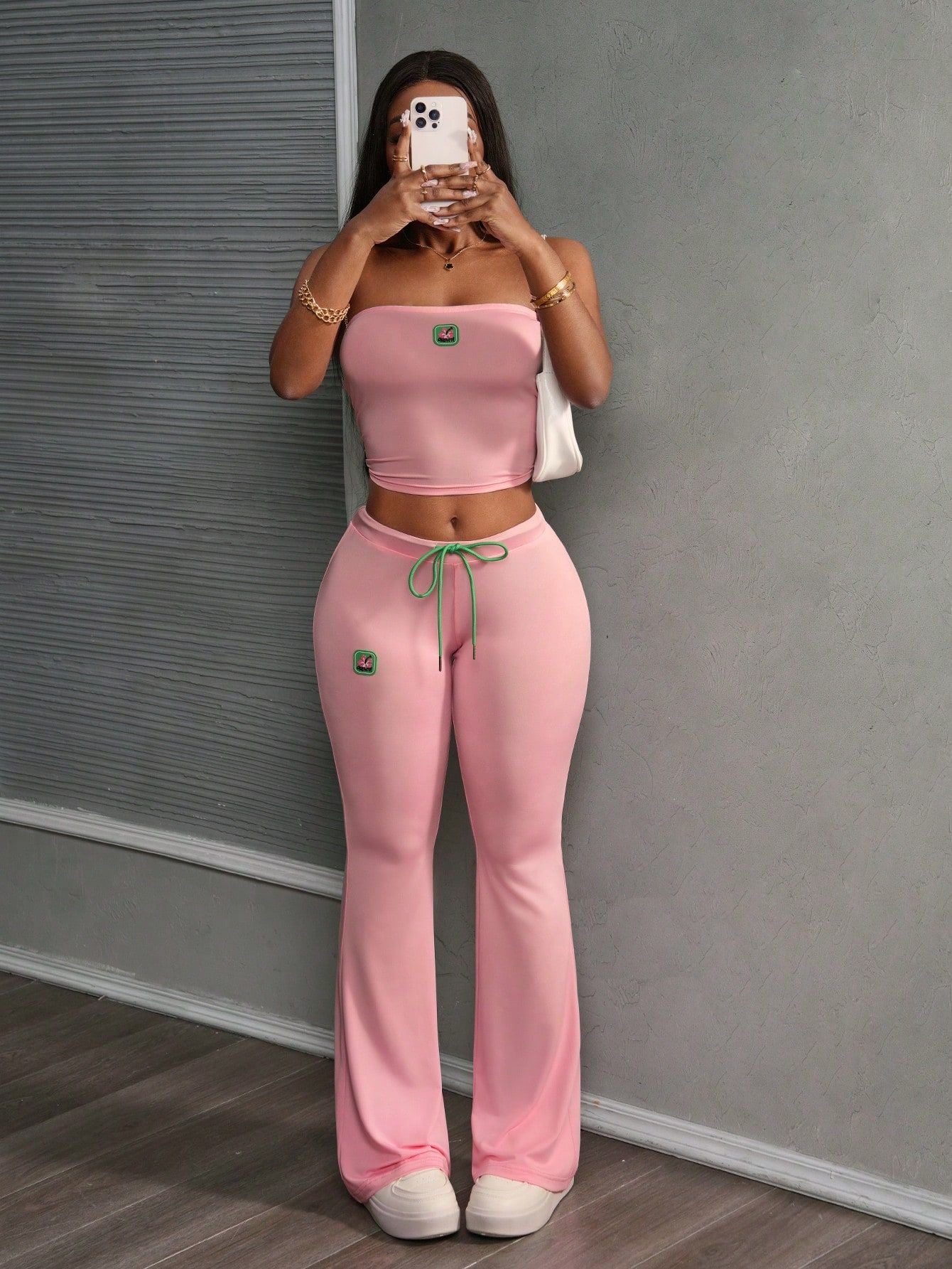 Women Solid Embroidered Sleeveless Strapless Top and Pants Two-piece Set