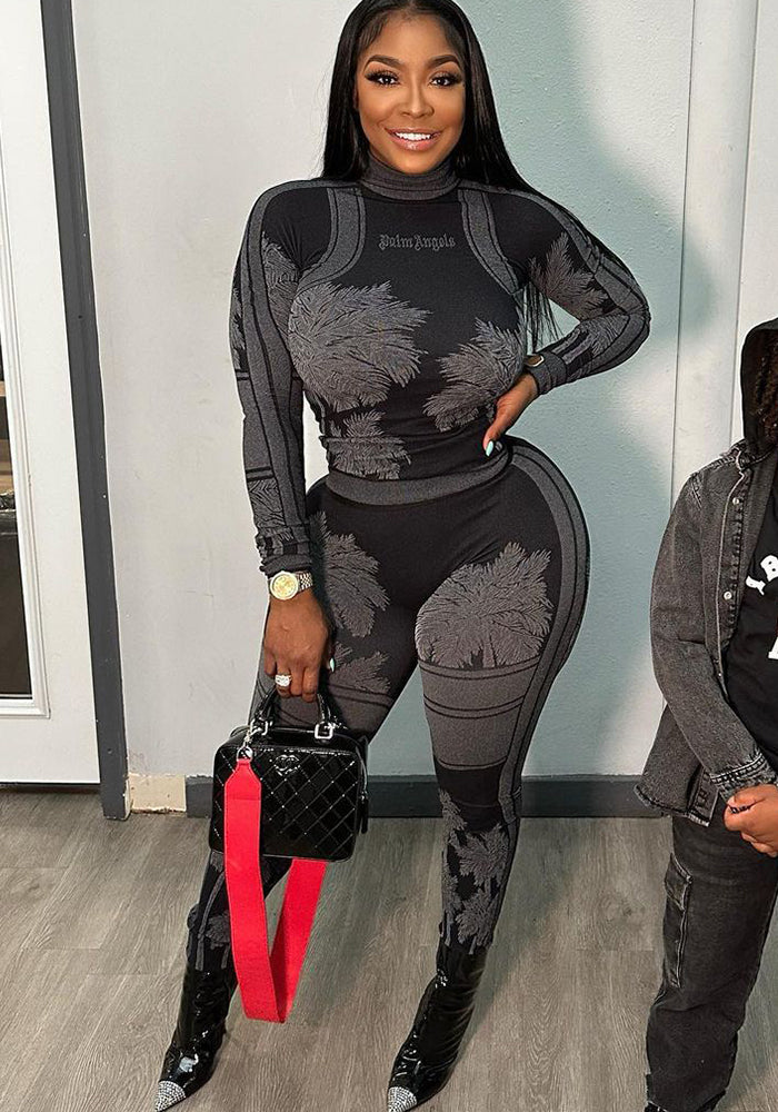 Women's Irregular Printed Tight Fitting Long Sleeve Tops And Pants Casual Two Piece Set