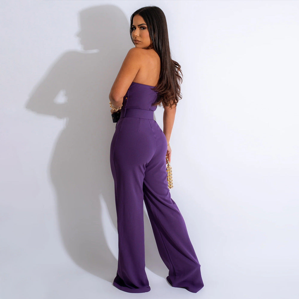 Women's Style Fashionable Solid Color Jumpsuit Slim One Shoulder One Piece Wide Leg Pants 17