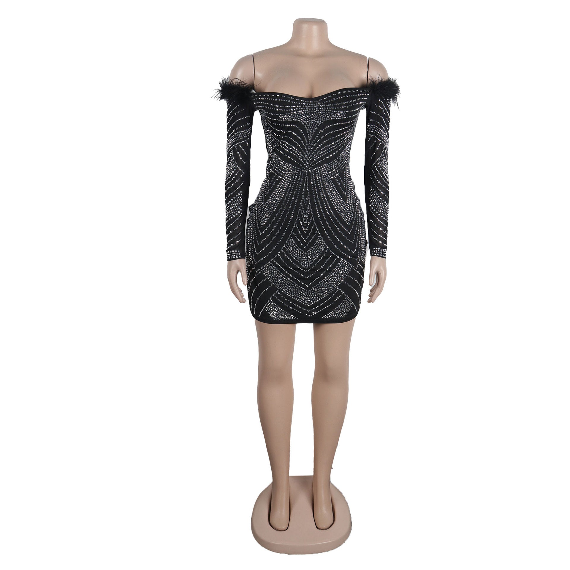 Women's Beaded Feather Off Shoulder Bodycon Dress 15