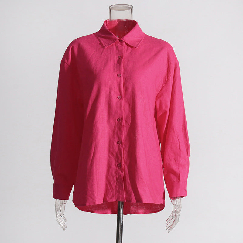 Women Turndown Collar long sleeve solid shirt Top and Casual shorts two-piece set 16