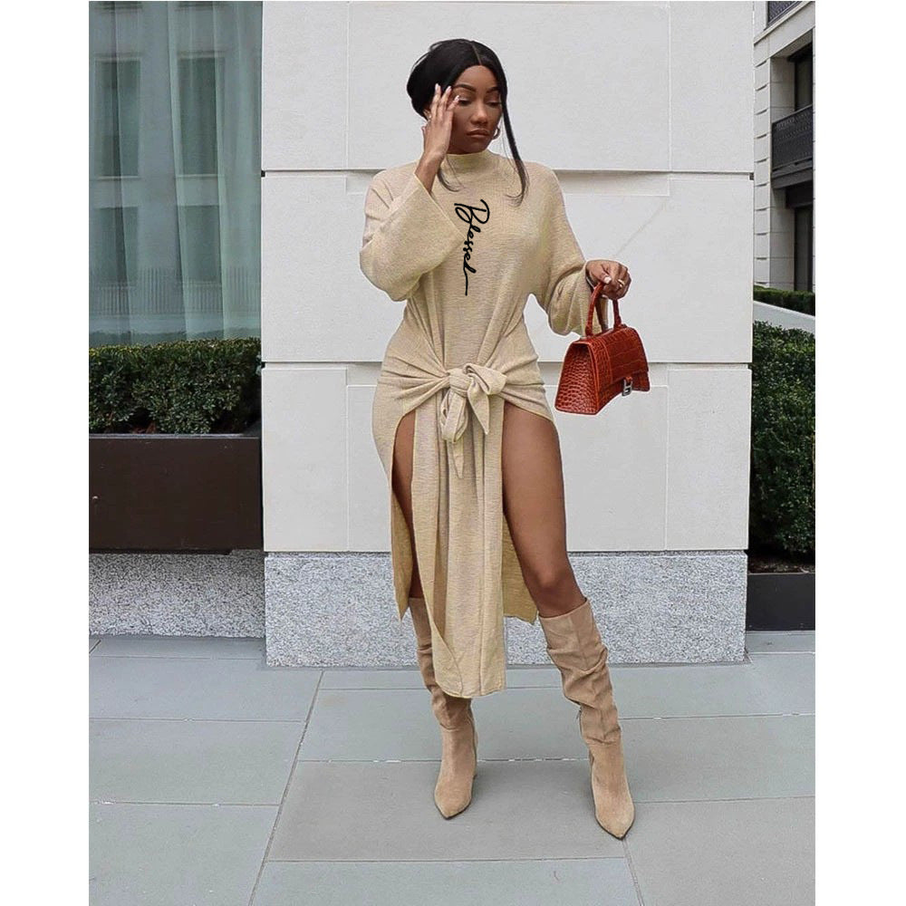 Women Solid Ribbed Solid Lace-Up Dress