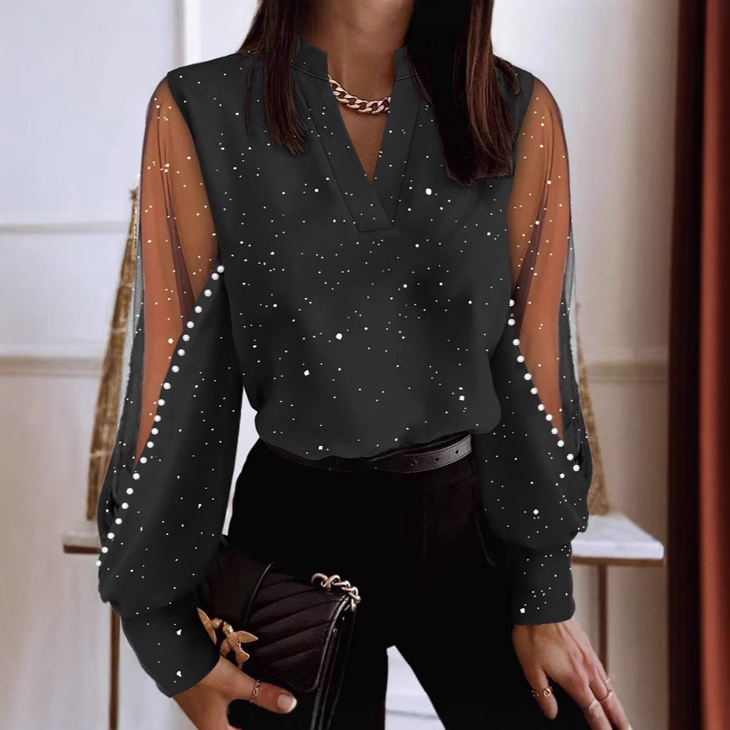 Women spring and autumn sexy v-neck mesh Patchwork See-Through long sleeve T-shirt 3