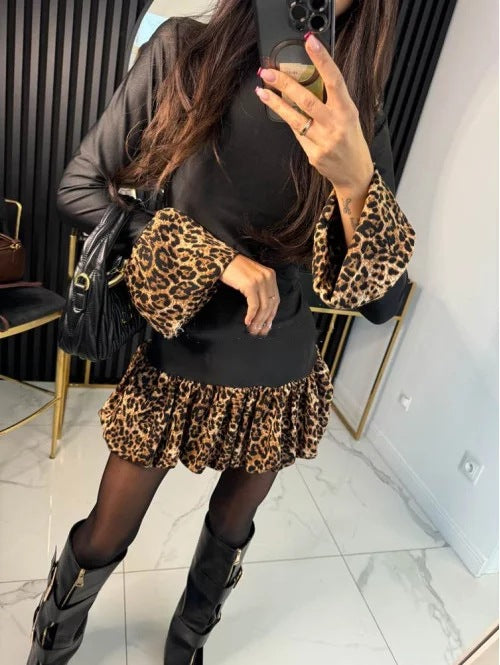 Women Spring Leopard Print Patchwork Bell Bottom Sleeve Mini Dress 4