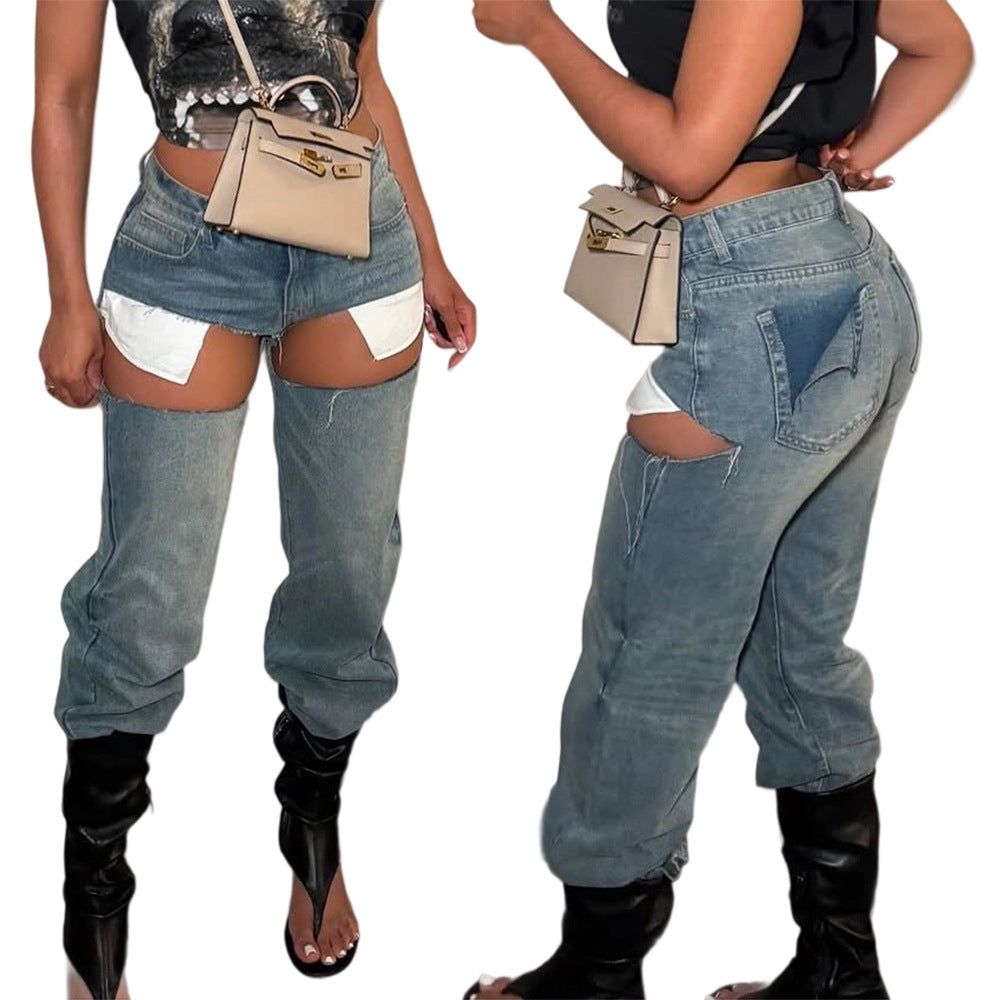 Women's Autumn Street Fashion Ripped Denim Pants 3