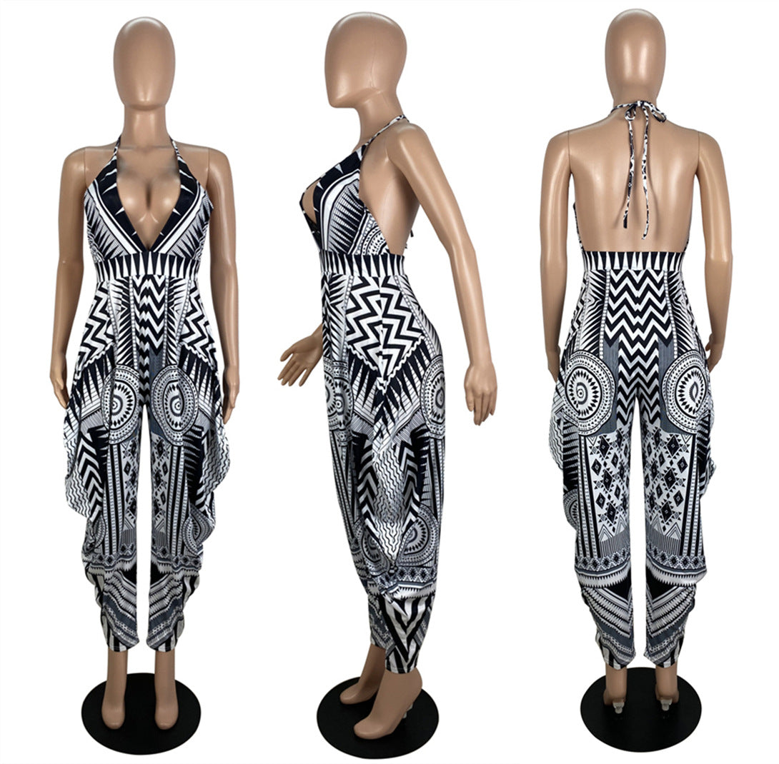 Women's Fashion Sexy Low Cut V-Neck Suspenders Positioning Print Jumpsuit 11