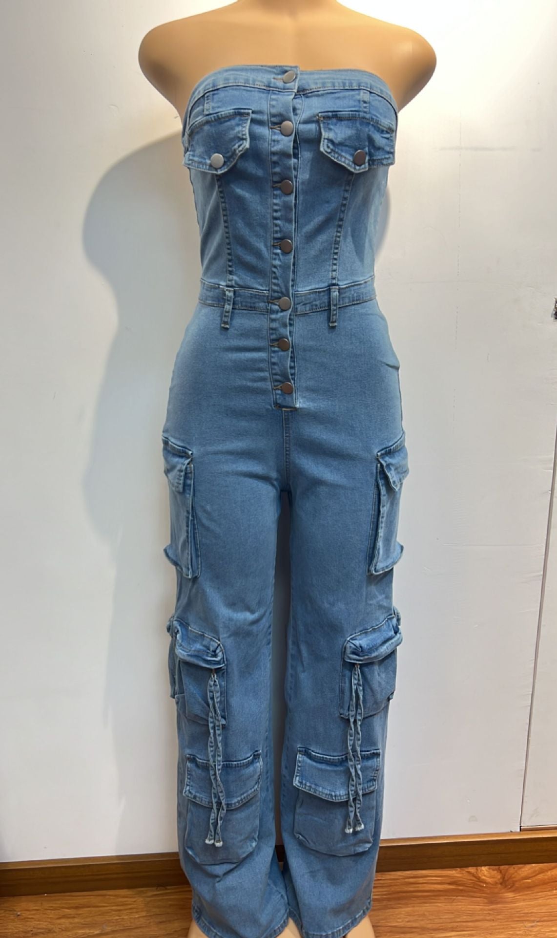 Women Strapless Button Cargo Jumpsuit 5