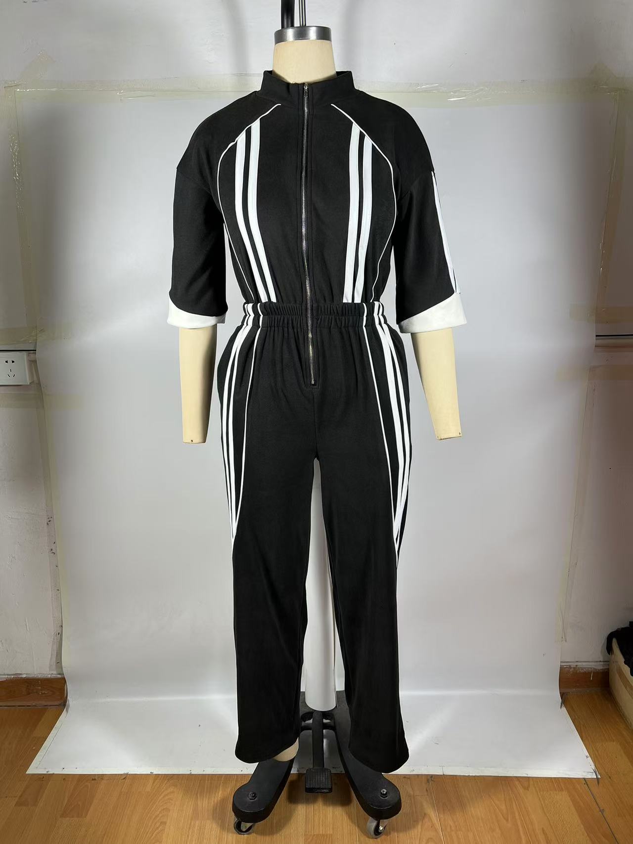 Women's Clothing Stand Collar 7-Quarter Sleeves Slim Waist Zipper Long Jumpsuit 9