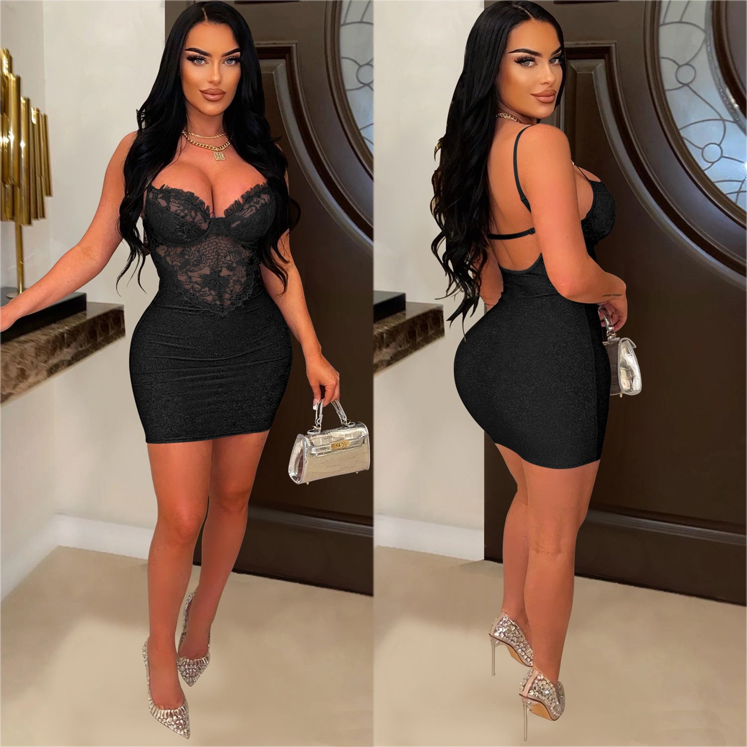 Fashion Ladies Solid Color Sleeveless Skirt Floral Mesh Strap Dress 5