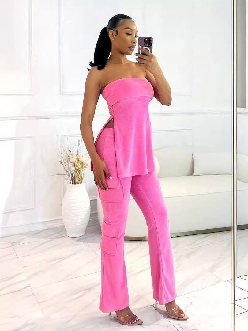 Women Backless Strapless Zipper Pocket Top and Stretch Pants Two-piece Set 4