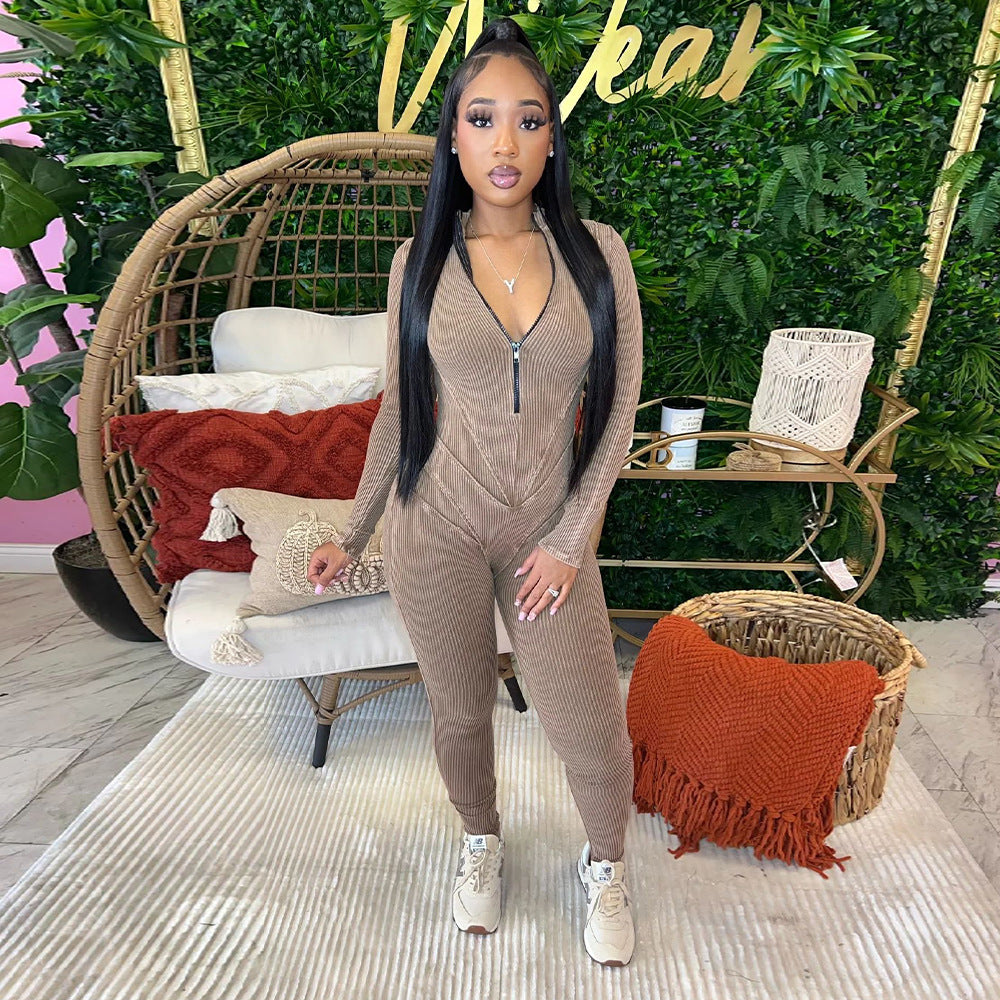 Women's Ribbed Printed Sexy V-Neck Tight Fitting Zipper Jumpsuit 4