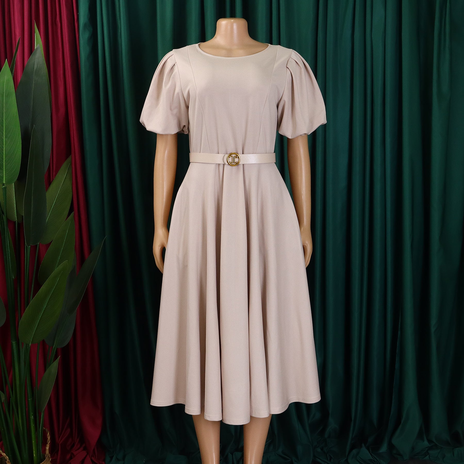 Women's Round Neck Chic Elegant Slim Waist Puff Sleeve A-Line African Dress 24