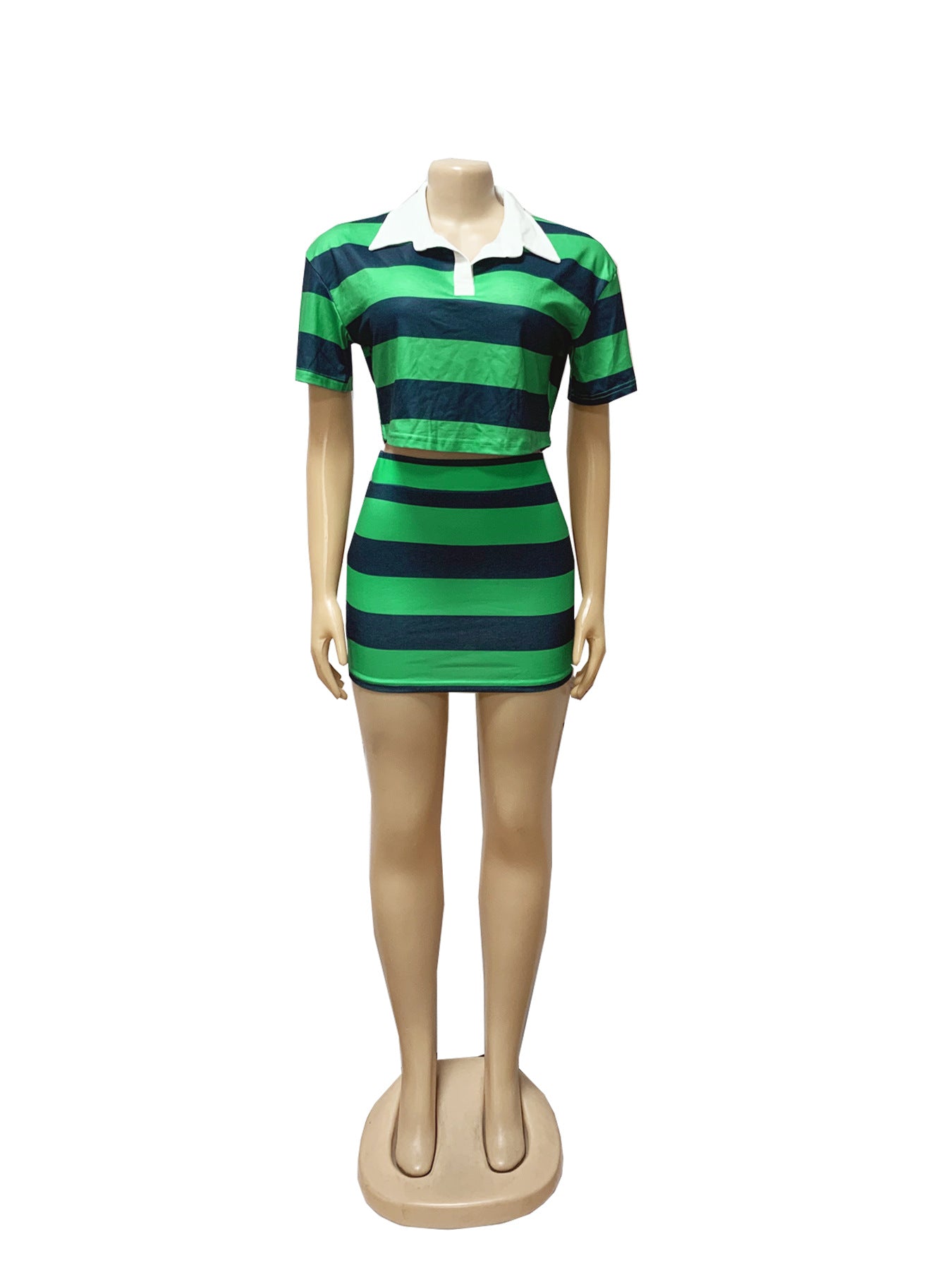 Women Striped Contrast Turndown Collar Crop Top and Bodycon Skirt Two-Piece Set 18