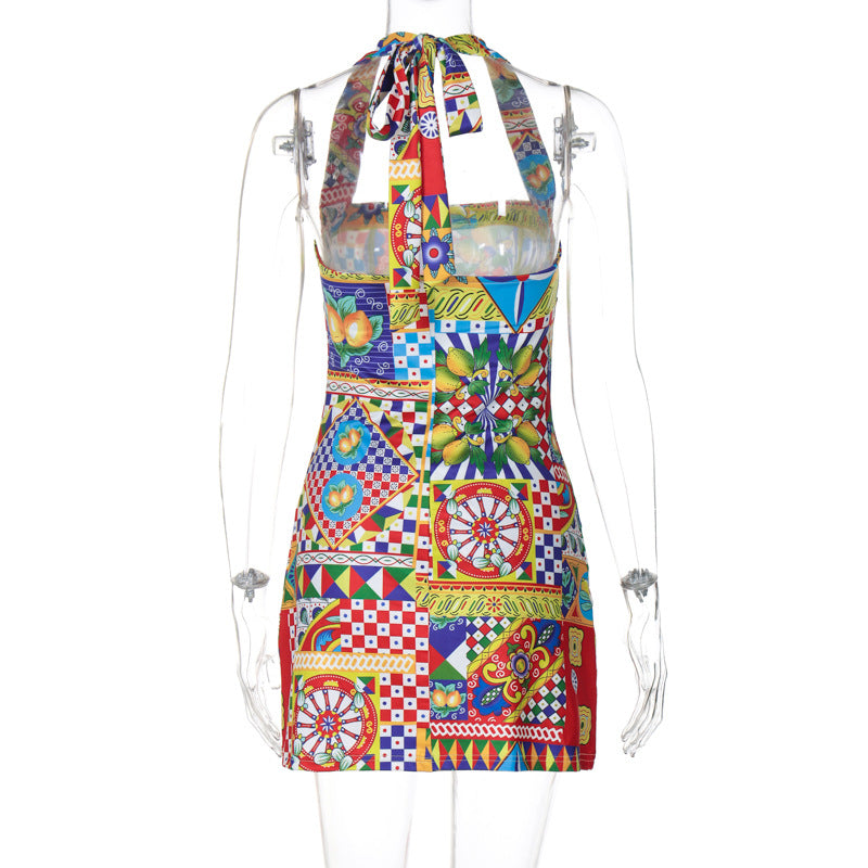 Summer Women's Fashion Printed Sexy Halter Neck Low Back Dress 8