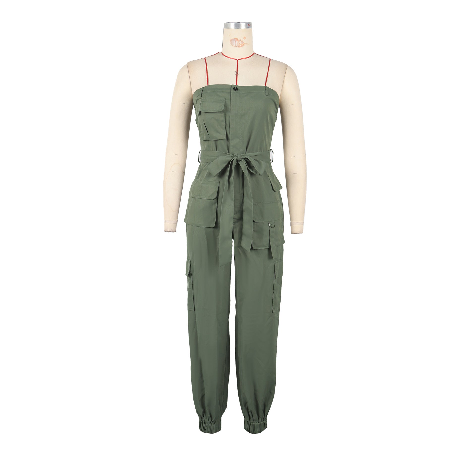 Casual Career Solid Color Multi-Pocket Strapless Cargo Jumpsuit 9